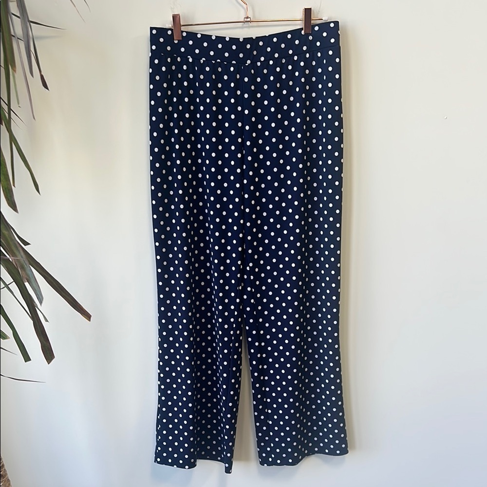 Kim Rogers Sz L  Blue and White Wide Leg Pants with Polka Dot Pattern
